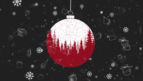 Animation-of-christmas-bauble-over-snow-falling-on-dark-background
