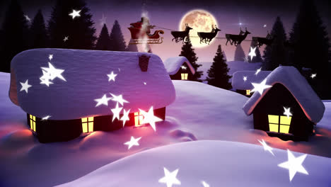 Animación-De-Estrellas-Fugaces-Sobre-Casas-Y-Santa-Claus-En-Juego-Con-Renos-En-Paisajes-Invernales