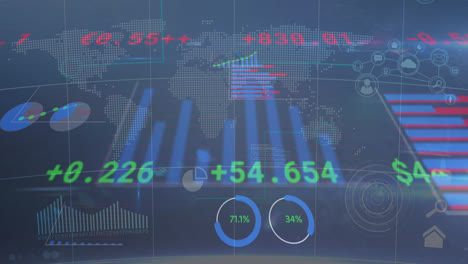 Animation-Der-Verarbeitung-Von-Börsen--Und-Finanzdaten-über-Einer-Weltkarte