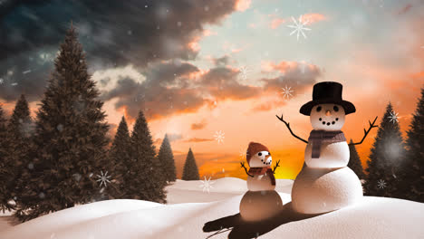 Animation-of-snow-falling-in-winter-landscape-with-snowmen