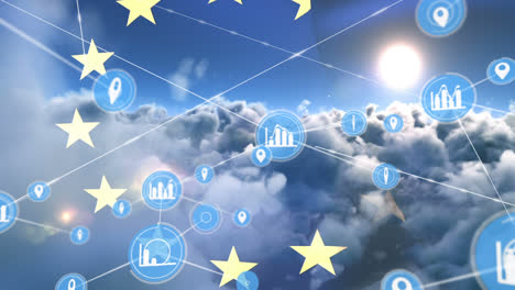 Animation-of-network-of-connection-and-icons-over-ue-flag-and-cloudy-sky