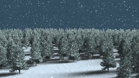 Snow-falling-over-multiple-trees-on-winter-landscape-against-blue-background