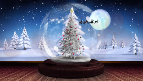 Snow-falling-and-shooting-star-spinning-around-christmas-tree-in-a-snow-globe-on-wooden-plank