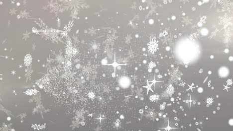 Digitale-Animation-Von-Schneeflocken,-Die-Vor-Mehreren-Sternensymbolen-Auf-Grauem-Hintergrund-Fallen