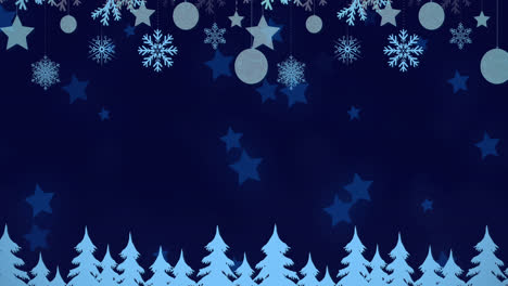 Christmas-hanging-decorations-and-christmas-tree-icons-against-blue-star-icons-on-blue-background
