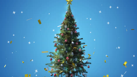 Animation-of-falling-snowflakes-and-confetti-over-christmas-tree