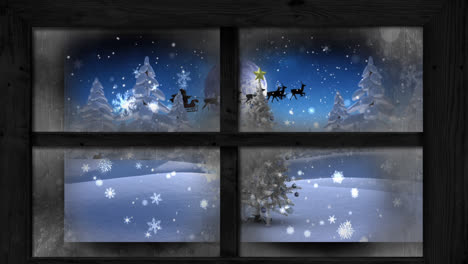 Animación-De-Nieve-Sobre-Santa-Claus-En-Trineo-Con-Renos-En-Un-Paisaje-Invernal-Visto-A-Través-De-La-Ventana