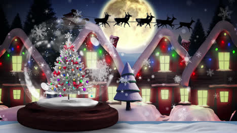 Animation-of-snow-falling-and-snow-globe-with-christmas-tree-over-christmas-scenery