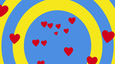 Animation-Von-Herzen,-Die-über-Kreisen-In-Den-Farben-Der-Ukrainischen-Flagge-Schweben