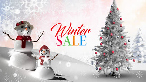 Animation-of-winter-sale-text-over-snowman-in-winter-landscape