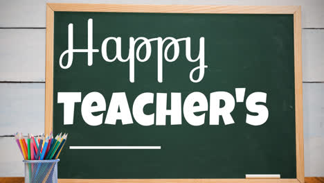 Animation-of-happy-teacher's-day-text-over-pencils-on-green-background