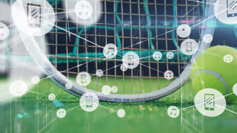 Animation-of-network-of-connections-with-icons-over-tennis-racket-and-ball