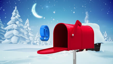 At-the-rate-sign-coming-put-of-red-mailbox-against-snow-falling-over-winter-landscape