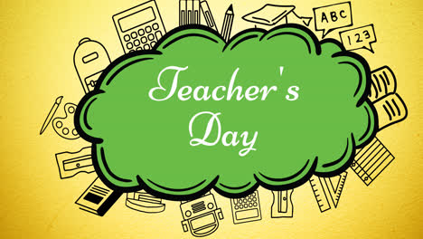 Animation-of-happy-teacher's-day-text-over-school-items-icons-on-green-background