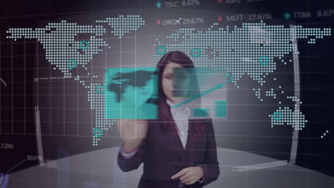 Animation-of-graphs,-data,-world-map-and-caucasian-businesswoman-using-touchscreen