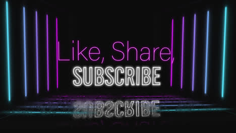 Animation-of-like,-share,-subscribe-text-in-pink-and-white-over-pink,-colourful-neon-lines-on-black