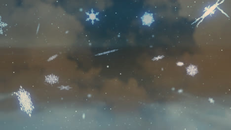 Animation-Von-Schnee,-Der-über-Wolken-Auf-Braunem-Hintergrund-Fällt