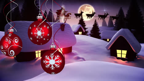 Animation-Von-Weihnachtskugeln-Und-Weihnachtsmann-Im-Schlitten-Mit-Rentieren,-Die-Sich-über-Die-Winterlandschaft-Bewegen