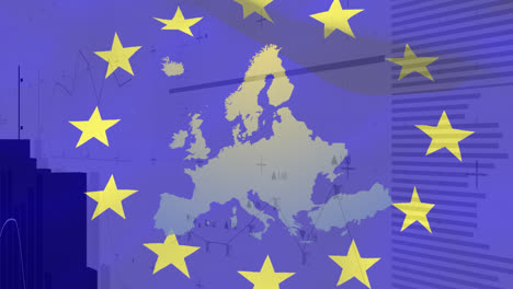 Animación-Del-Procesamiento-De-Datos-Financieros-Sobre-El-Mapa-De-Europa-Y-La-Bandera-De-La-UE.