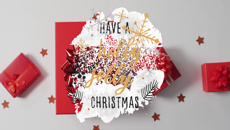 Animation-Von-Frohe-Weihnachten-Text-über-Weihnachtsgeschenke