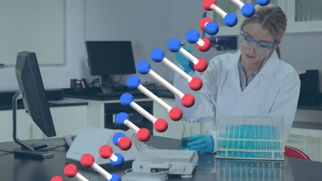 Animation-of-dna-strand-spinning-over-female-doctor-working-in-lab