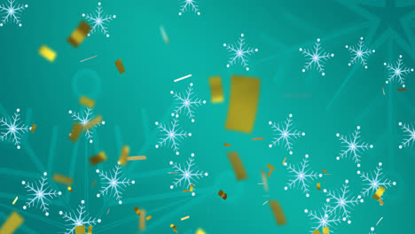 Animation-of-falling-snowflakes-and-confetti-on-blue-background