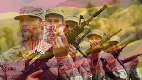 Animation-of-flag-of-spain-waving-over-diverse-soldiers-holding-weapons