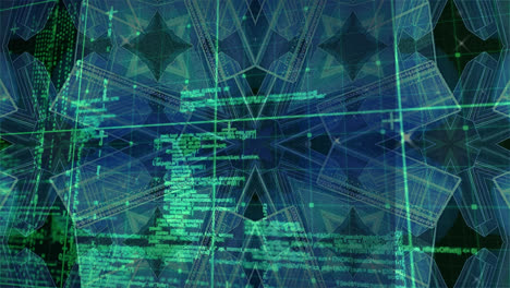 Animation-of-kaleidoscopic-shape-over-data-processing-green-grid