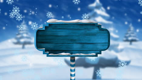 Animation-of-falling-snowflakes-over-blank-wooden-sign-with-copy-space