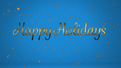 Animation-of-happy-holidays-text-over-gold-spots-falling-on-blue-background