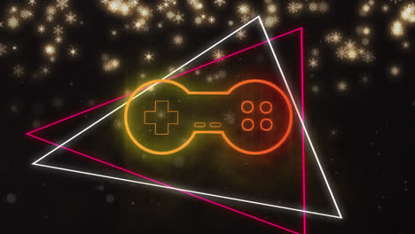 Animation-of-neon-video-game-console-and-triangles-over-glowing-spots