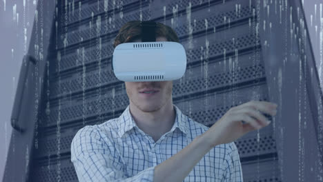 Animation-of-binary-coding-and-caucasian-businessman-wearing-vr-headset-over-server