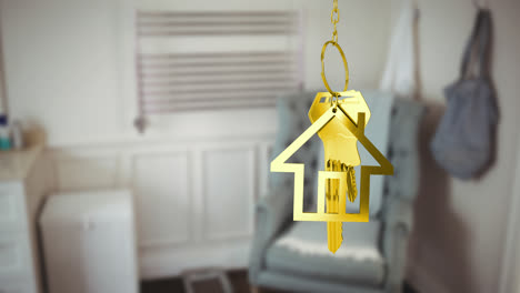Goldene-Hausschlüssel-Hängen-Vor-Dem-Interieur-Eines-Modernen-Wohnzimmers-Im-Hintergrund