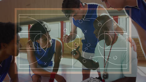 Animation-of-basketball-court-with-tactics-drawing-over-diverse-couch-with-basketball-players