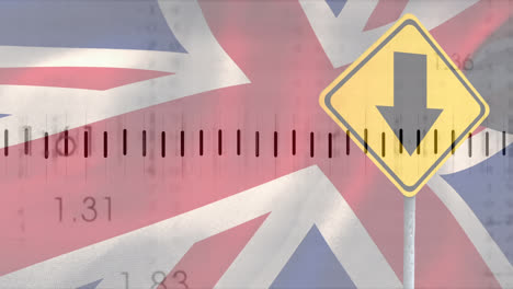 Animation-Der-Verarbeitung-Finanzieller-Daten-über-Einem-Straßenschild-Und-Der-Britischen-Flagge