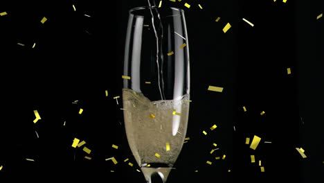 Animation-of-gold-confetti-falling-over-chmpagne-glass-on-black-background