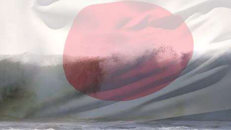 Digitale-Komposition-Der-Schwenkenden-Japanischen-Flagge-Gegen-Wellen-Im-Meer