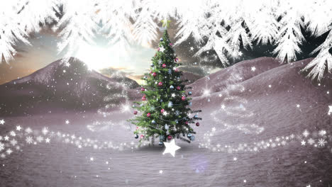 Snow-falling-over-christmas-tree-on-winter-landscape-against-multiple-star-icons