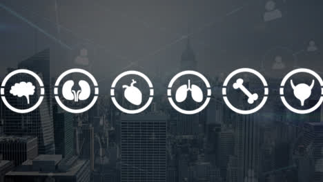 Multiple-medical-icons-and-network-of-profile-icons-against-aerial-view-of-cityscape