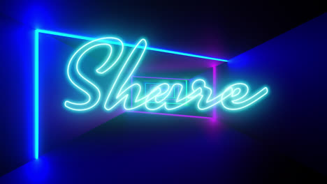 Animation-of-share-text-in-blue-neon-with-colourful-neon-light-beams-moving-on-black-background
