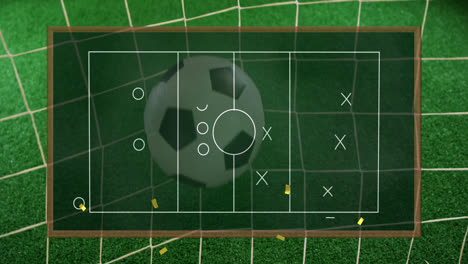 Animation-Von-Sporttaktiken-über-Einem-Fußballfeld-Und-Einem-Fußball-Im-Tor-Im-Hintergrund