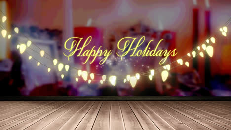 Felices-Fiestas-Texto-Y-Decoración-De-Luces-De-Hadas-Amarillas-Brillantes-Colgando-Sobre-Una-Tabla-De-Madera