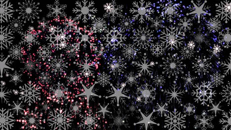 Animation-of-snow-falling-over-fireworks-on-black-background-at-christmas