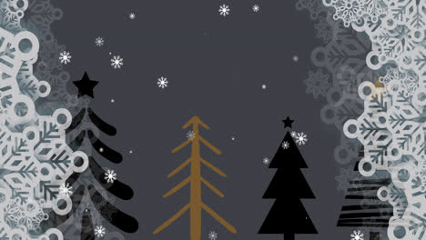 Snowflakes-falling-over-multiple-christmas-tree-icons-on-grey-background
