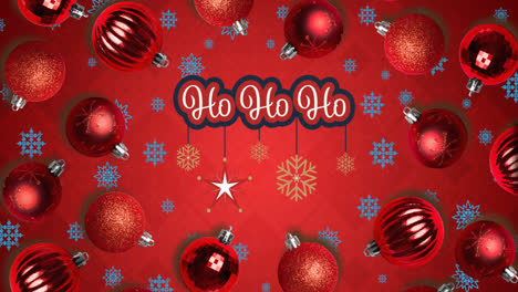 Animation-of-ho-ho-ho-text-over-christmas-balls-and-snowflakes