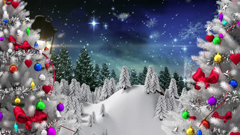 Schneeflocken-Fallen-über-Zwei-Weiße-Weihnachtsbäume-Auf-Winterlandschaft-Gegen-Nachthimmel