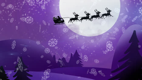 Snowflakes-falling-against-santa-claus-in-sleigh-being-pulled-by-reindeers-in-night-sky