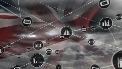 Animation-of-network-of-connection-and-icons-over-uk-flag-and-cloudy-sky