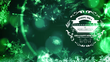 Animation-of-christmas-greetings-and-snow-falling-over-green-background