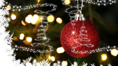 Estrellas-Formando-Un-árbol-De-Navidad-Contra-Una-Decoración-De-Adornos-Navideños-Colgantes-Contra-Puntos-De-Luz.